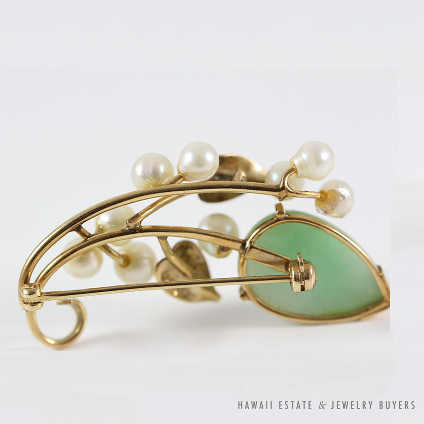 MING'S HAWAII APPLE GREEN JADEITE JADE & PEARL CLUSTER 14K YELLOW GOLD BROOCH - Image 4