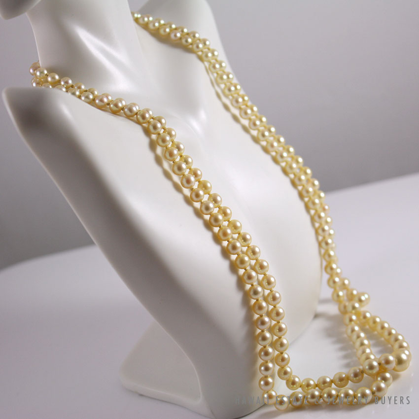 MING'S HAWAII GRADUATED YELLOW PEARL 14K YELLOW GOLD NECKLACE 21" W/ MINGS BOX - Image 2