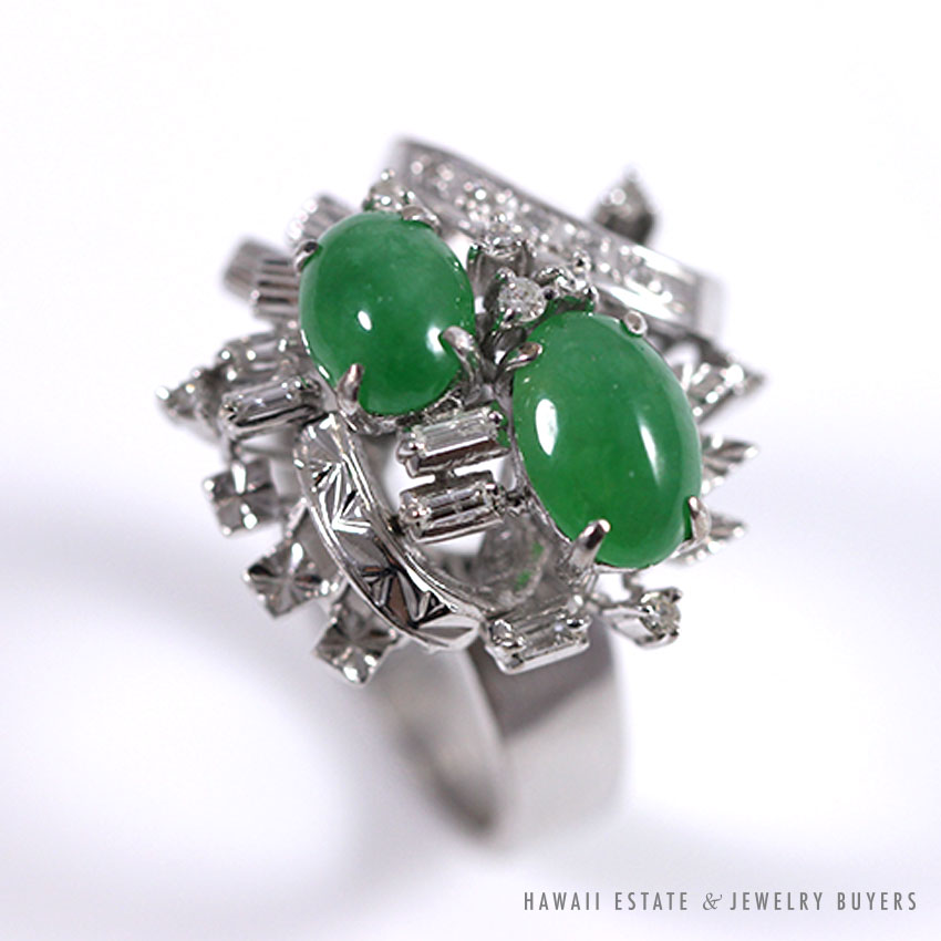 Natural Jadeite Jade & Diamond Cluster White Gold Ring (Sz 5.5)