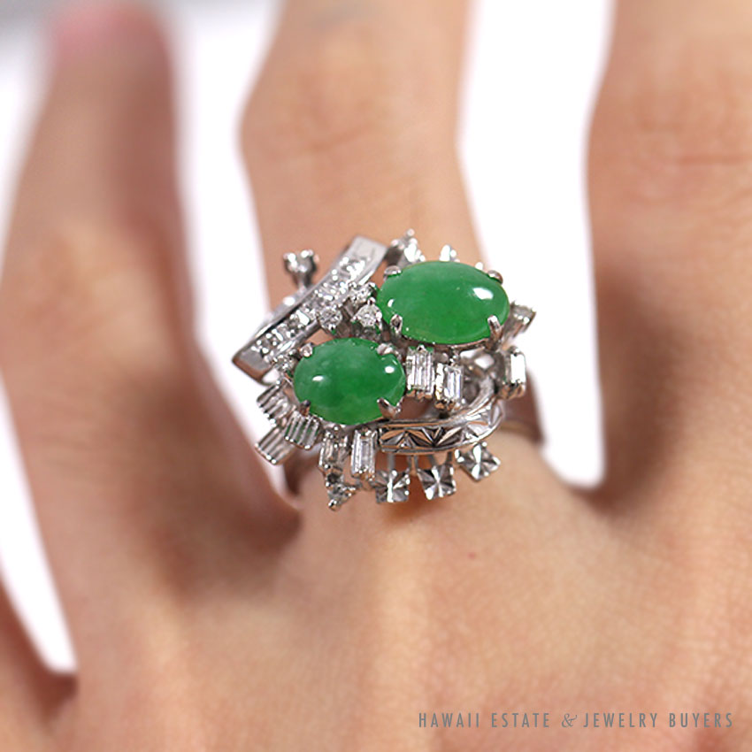 Natural Jadeite Jade & Diamond Cluster White Gold Ring (Sz 5.5) - Image 2
