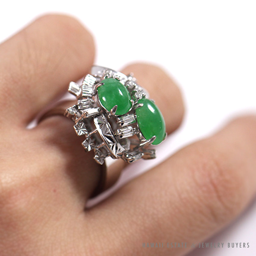 Natural Jadeite Jade & Diamond Cluster White Gold Ring (Sz 5.5) - Image 3