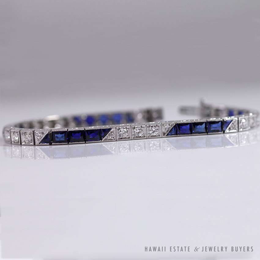 OLD EUROPEAN DIAMOND & SAPPHIRE ART DECO PLATINUM LINK BRACELET W/ APPRAISAL
