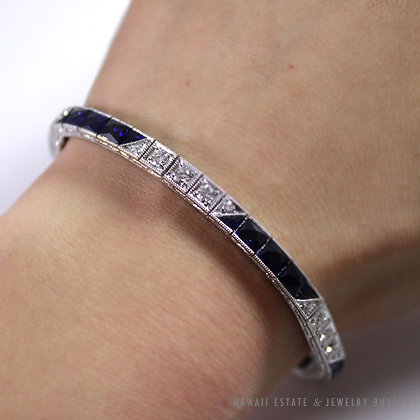 OLD EUROPEAN DIAMOND & SAPPHIRE ART DECO PLATINUM LINK BRACELET W/ APPRAISAL - Image 3