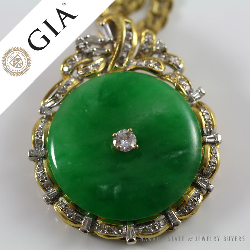 GIA CERTIFIED GREEN JADEITE JADE & DIAMOND 14K YELLOW GOLD PENDANT & GOLD CHAIN