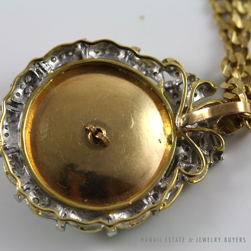 GIA CERTIFIED GREEN JADEITE JADE & DIAMOND 14K YELLOW GOLD PENDANT & GOLD CHAIN - Image 4