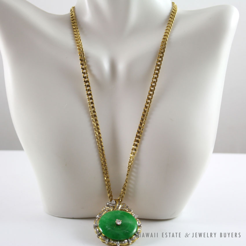 GIA CERTIFIED GREEN JADEITE JADE & DIAMOND 14K YELLOW GOLD PENDANT & GOLD CHAIN - Image 3
