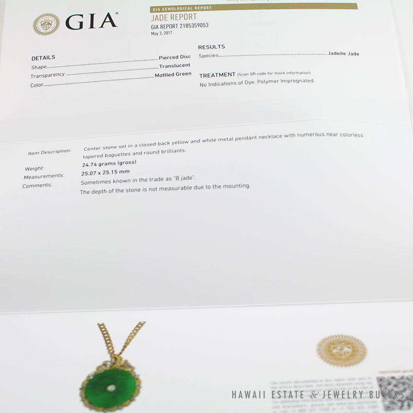 GIA CERTIFIED GREEN JADEITE JADE & DIAMOND 14K YELLOW GOLD PENDANT & GOLD CHAIN - Image 2