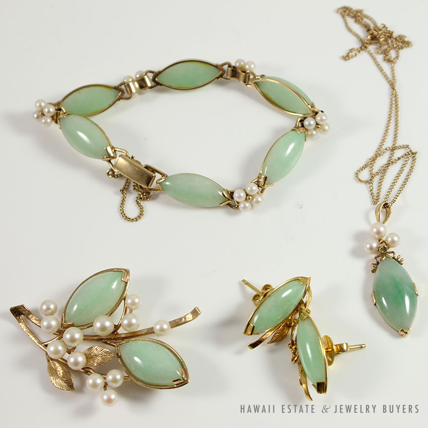 MING'S HAWAII JADE & PEARL EARRINGS NECKLACE BROOCH BRACELET COMPLETE SET W/ BOX - Image 3