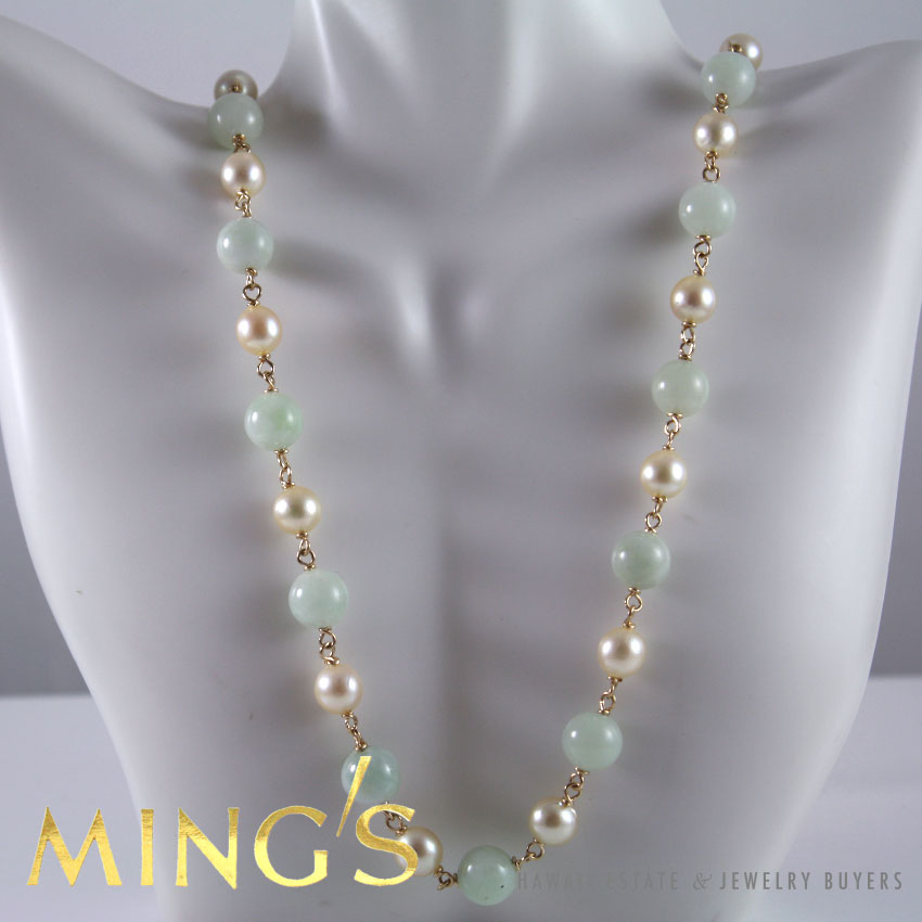 MING'S HAWAII NATURAL GREEN JADEITE JADE & PEARL 13.5K YELLOW GOLD NECKLACE 24" - Image 2