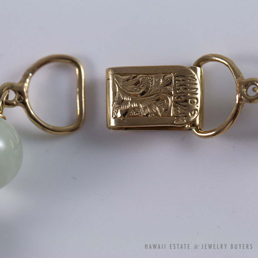 MING'S HAWAII NATURAL GREEN JADEITE JADE & PEARL 13.5K YELLOW GOLD NECKLACE 24" - Image 3