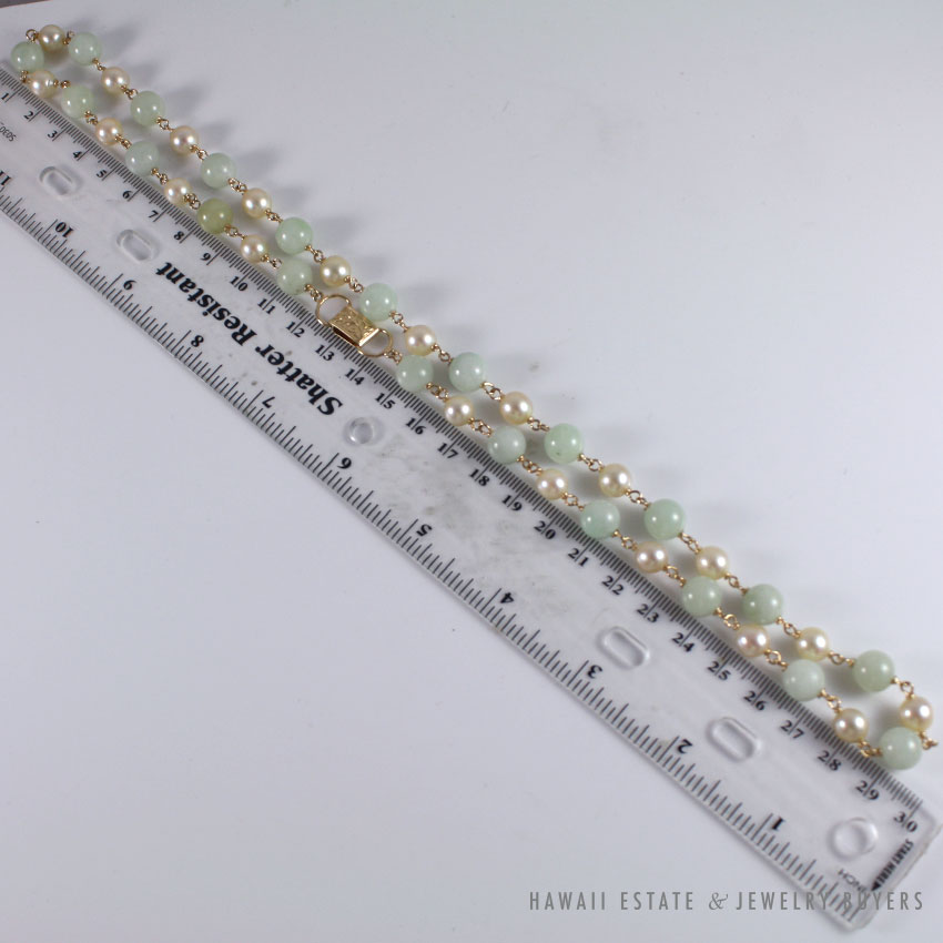 MING'S HAWAII NATURAL GREEN JADEITE JADE & PEARL 13.5K YELLOW GOLD NECKLACE 24" - Image 4