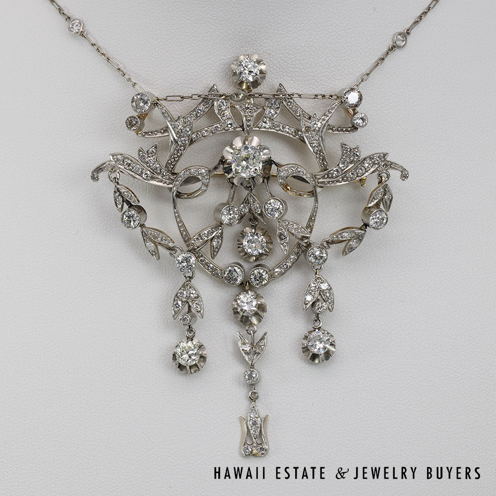 Victorian Old Mine Diamond 5.48ctw Platinum Gold Brooch & Diamond Necklace Set