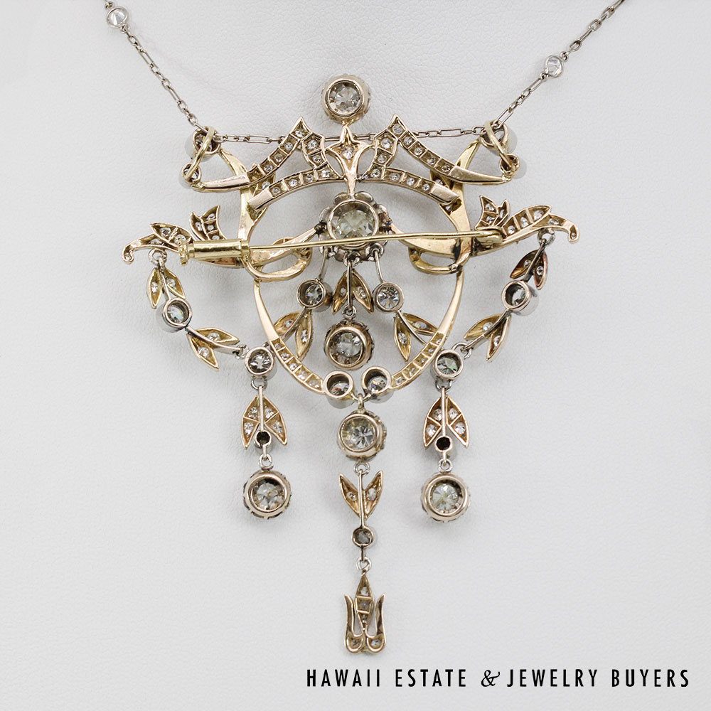 Victorian Old Mine Diamond 5.48ctw Platinum Gold Brooch & Diamond Necklace Set - Image 2