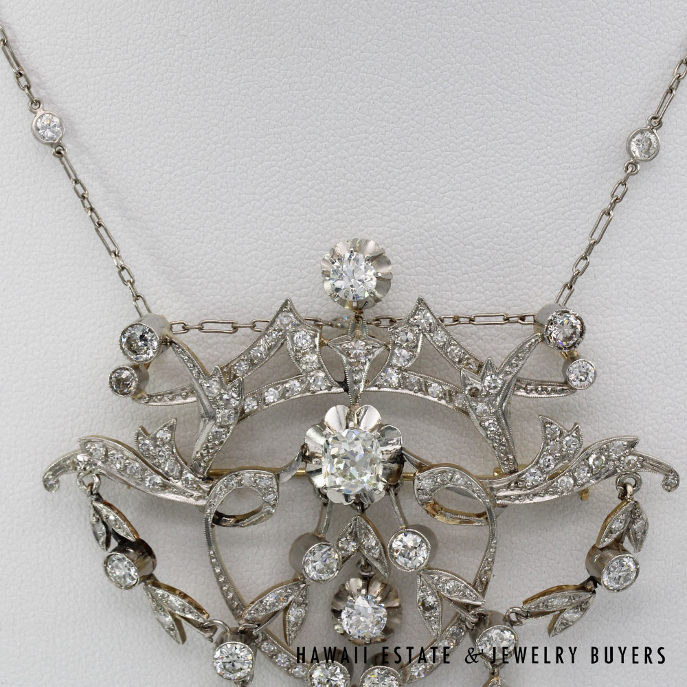 Victorian Old Mine Diamond 5.48ctw Platinum Gold Brooch & Diamond Necklace Set - Image 3