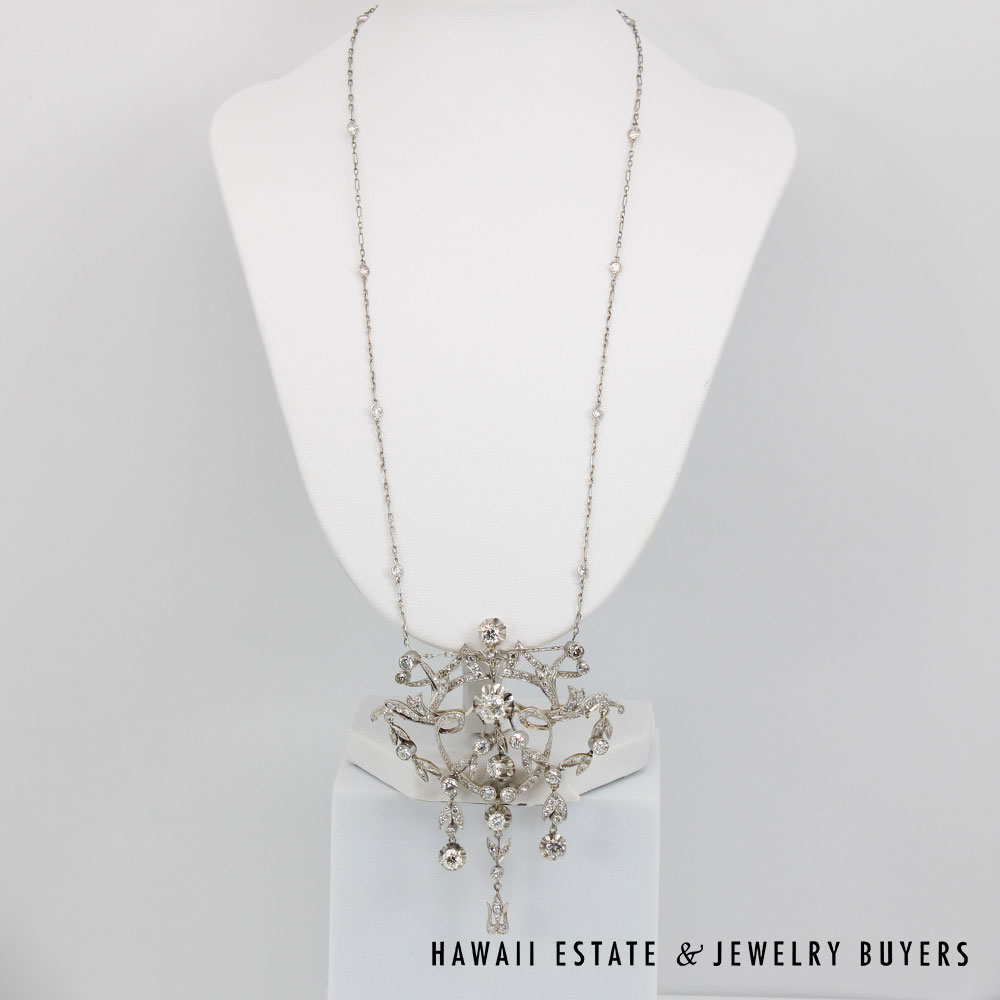 Victorian Old Mine Diamond 5.48ctw Platinum Gold Brooch & Diamond Necklace Set - Image 4