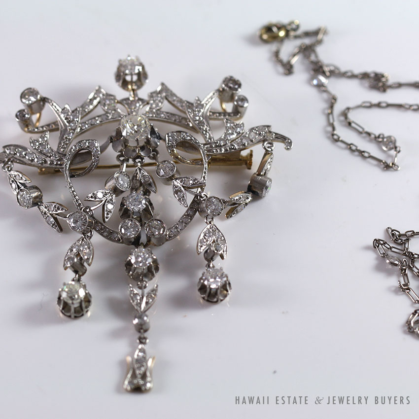 Victorian Old Mine Diamond 5.48ctw Platinum Gold Brooch & Diamond Necklace Set - Image 6