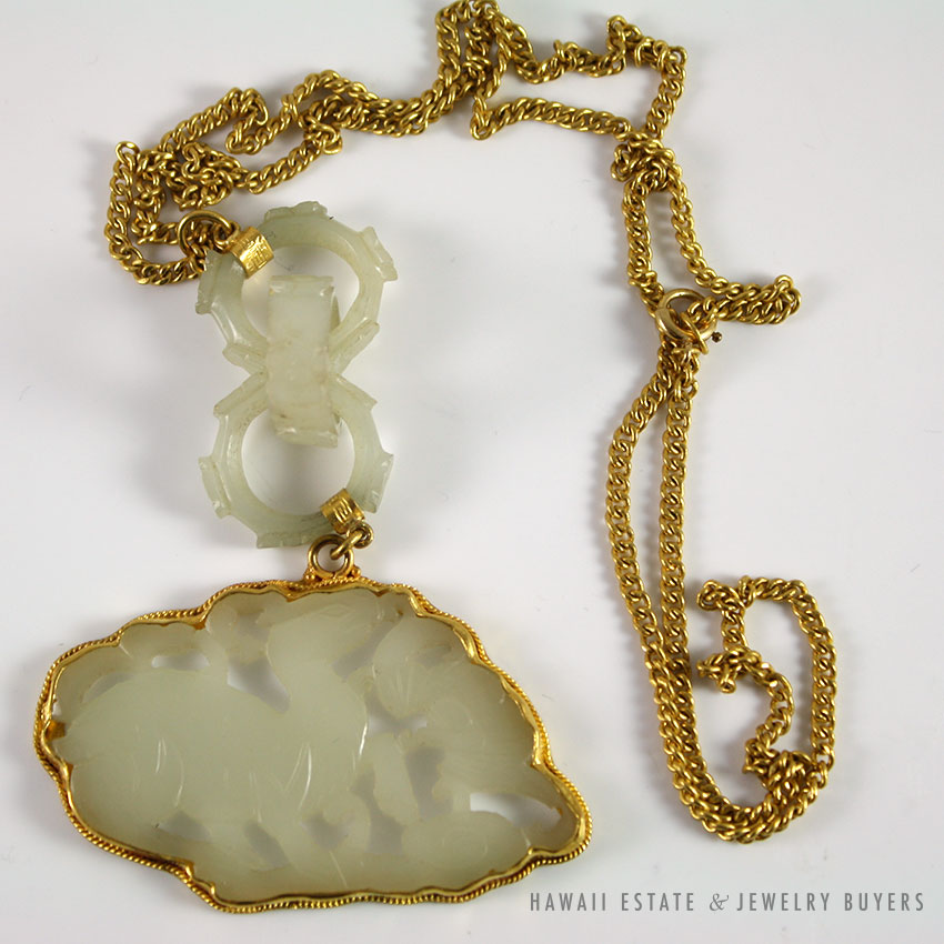 Carved White Mutton Fat Jade Openwork Floral Pendant 14K Yellow Gold Necklace