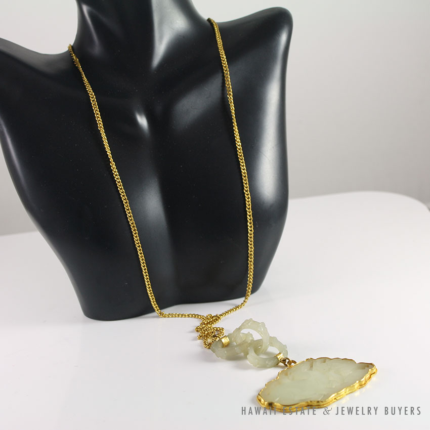 Carved White Mutton Fat Jade Openwork Floral Pendant 14K Yellow Gold Necklace - Image 4