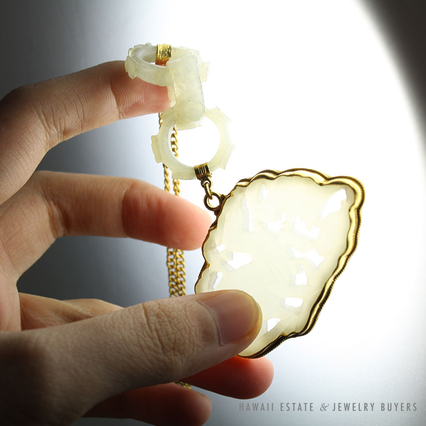 Carved White Mutton Fat Jade Openwork Floral Pendant 14K Yellow Gold Necklace - Image 2