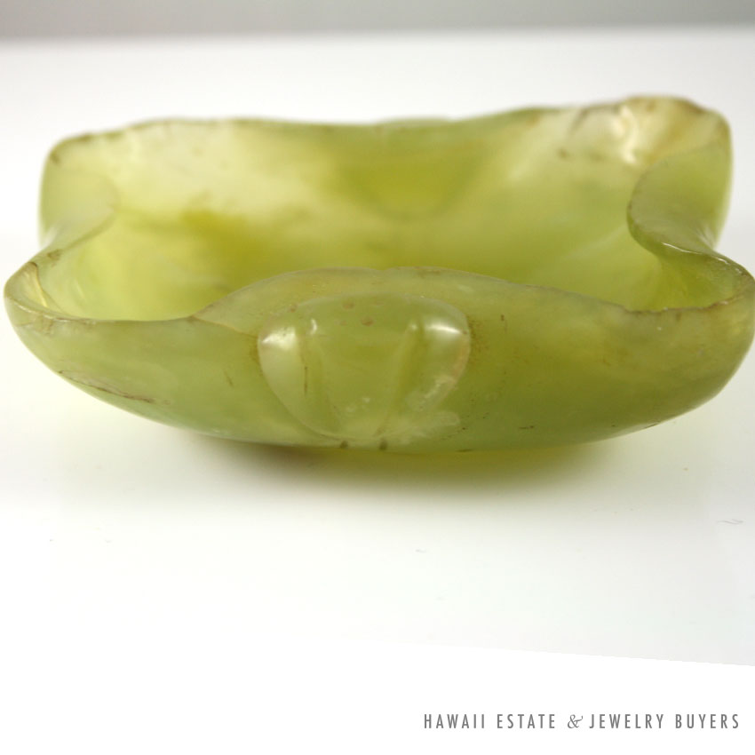 Chinese Carved Green Jade Leaf-Form Brush Washer Bowl