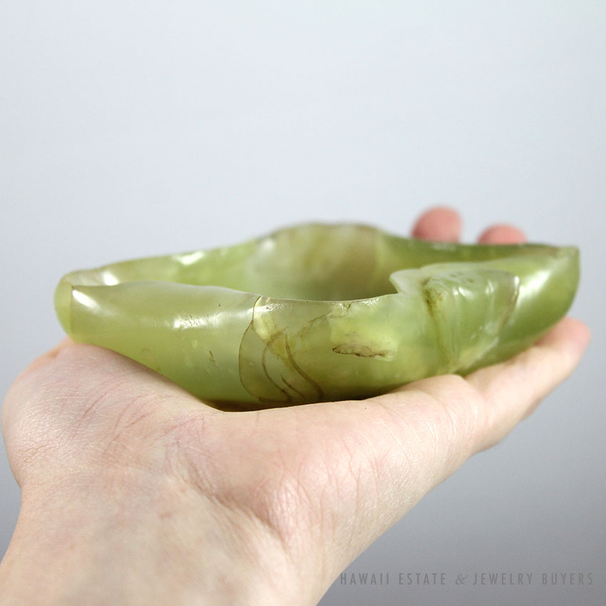Chinese Carved Green Jade Leaf-Form Brush Washer Bowl - Image 4