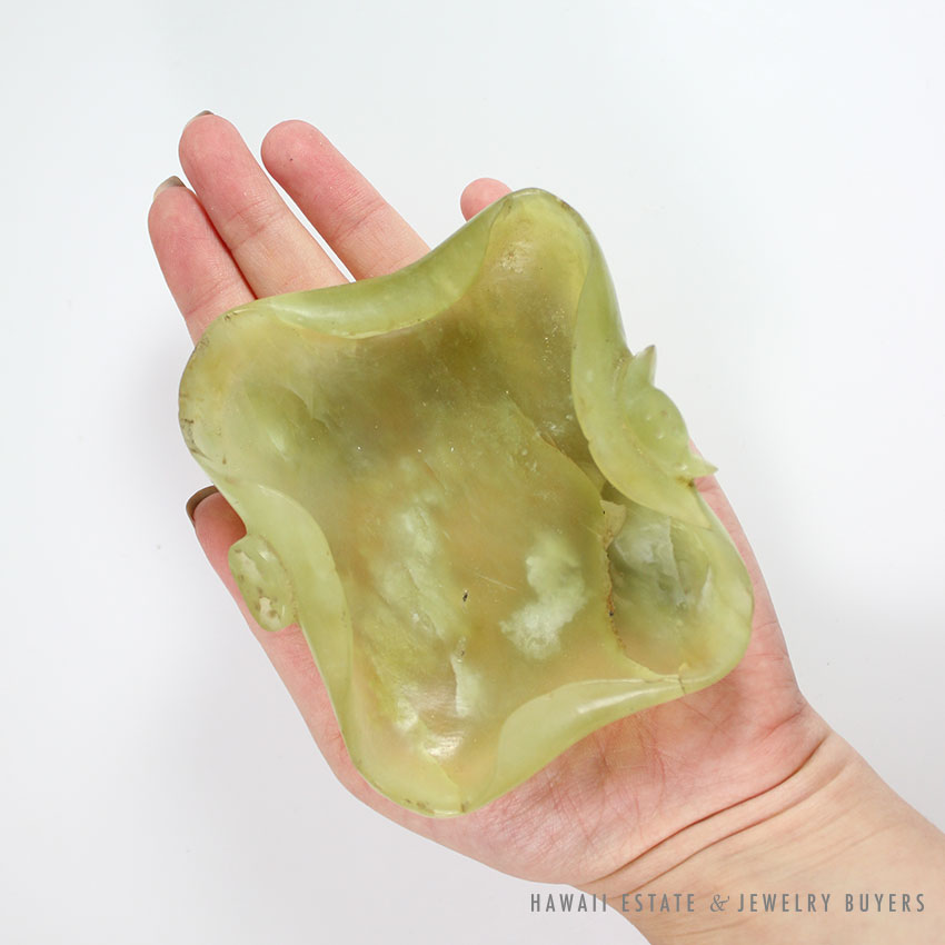 Chinese Carved Green Jade Leaf-Form Brush Washer Bowl - Image 2