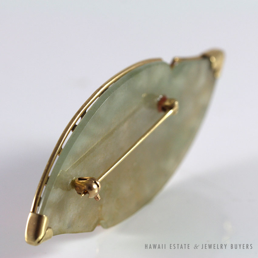 TRANSLUCENT GREEN JADEITE JADE OPEN WORK FLORAL BIRD 14K YELLOW GOLD NAVETTE BROOCH PIN