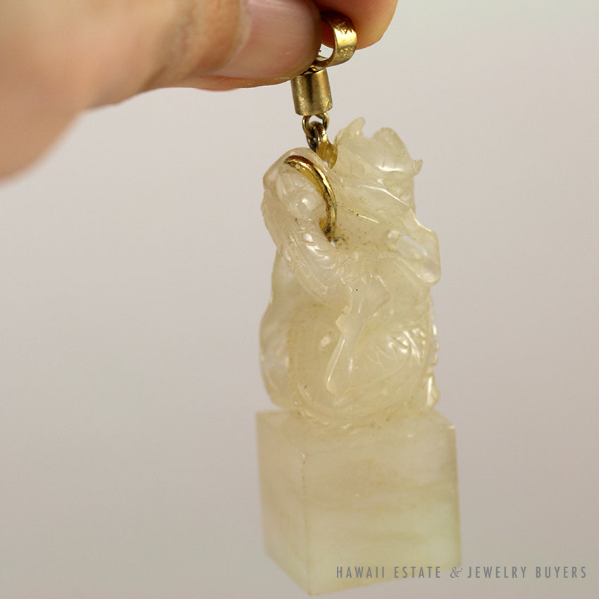 Carved White Jade Openwork Dragon Pendant with 14K Yellow Gold Bail
