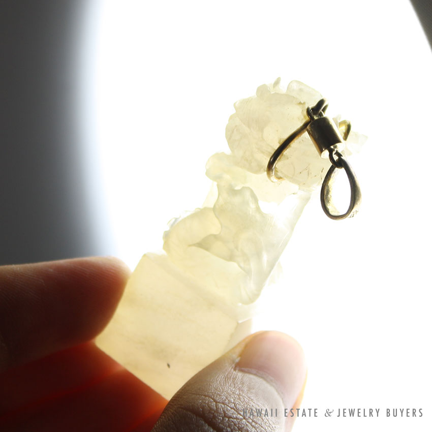 Carved White Jade Openwork Dragon Pendant with 14K Yellow Gold Bail - Image 4