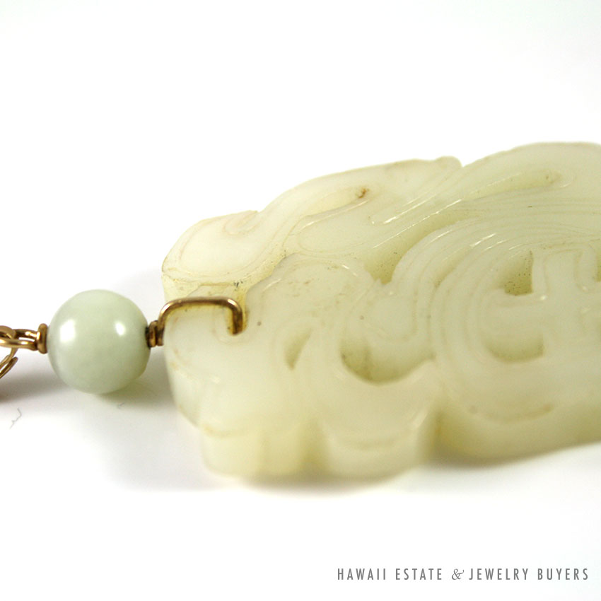 Carved White Jade Openwork Good Fortune Chinese Character Pendant with Gold Bail - Image 4