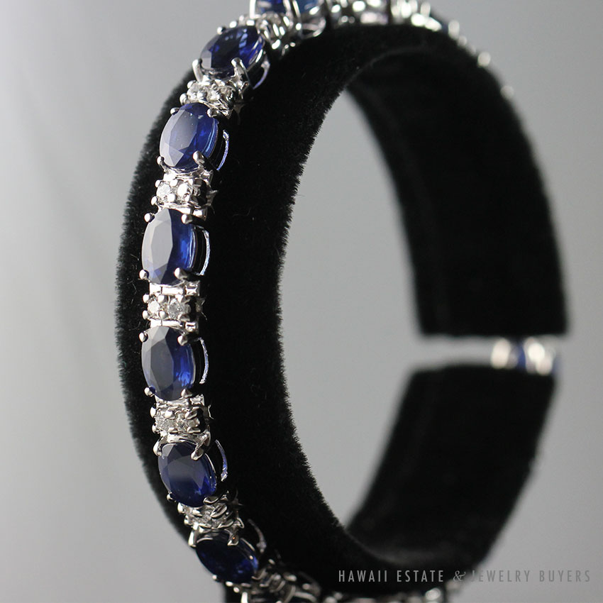 BLUE SAPPHIRE & DIAMOND 14K WHITE GOLD TENNIS BRACELET 7"