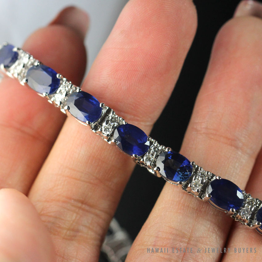 BLUE SAPPHIRE & DIAMOND 14K WHITE GOLD TENNIS BRACELET 7" - Image 2