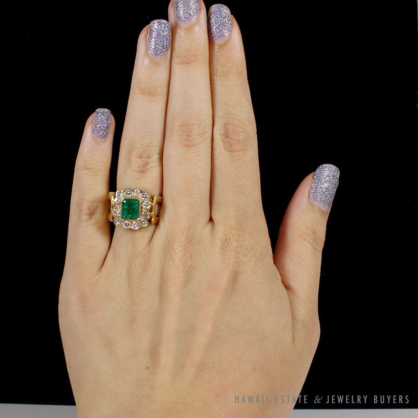 NATURAL EMERALD & DIAMOND 18K YELLOW GOLD RING - Image 3