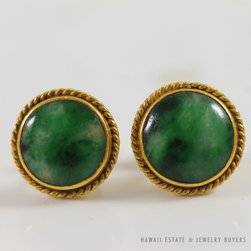 NATURAL OLD MINE GREEN JADEITE JADE ROUND CABOCHON STUD 18K YELLOW GOLD EARRINGS