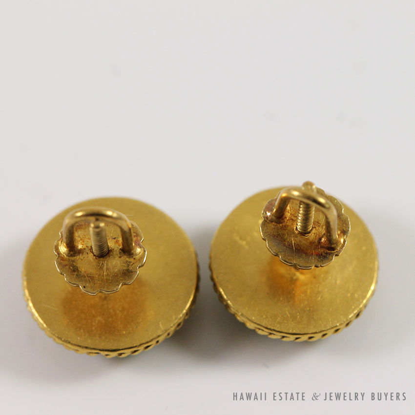 NATURAL OLD MINE GREEN JADEITE JADE ROUND CABOCHON STUD 18K YELLOW GOLD EARRINGS - Image 3