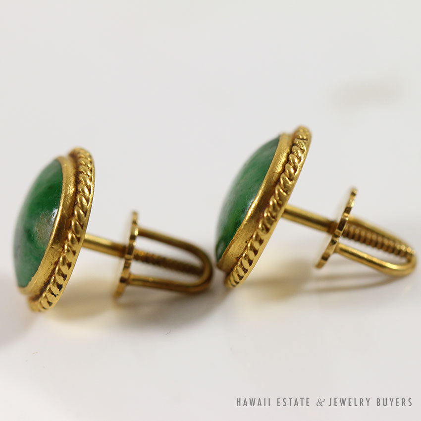 NATURAL OLD MINE GREEN JADEITE JADE ROUND CABOCHON STUD 18K YELLOW GOLD EARRINGS