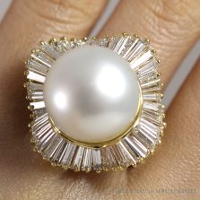 South Sea Pearl & Baguette Diamond 18K Yellow Gold Ballerina Ring Size 7.5