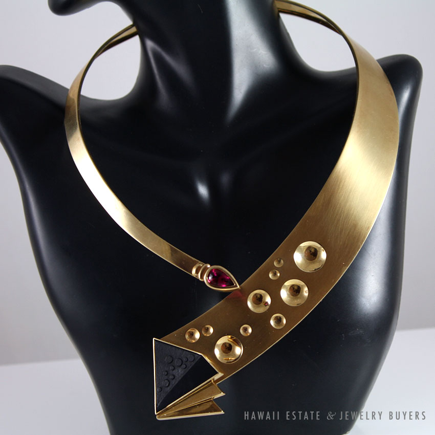 DESIGNER ONYX 2.78ct TOURMALINE 14K YELLOW GOLD PLAQUE ARTISTIC COLLAR NECKLACE