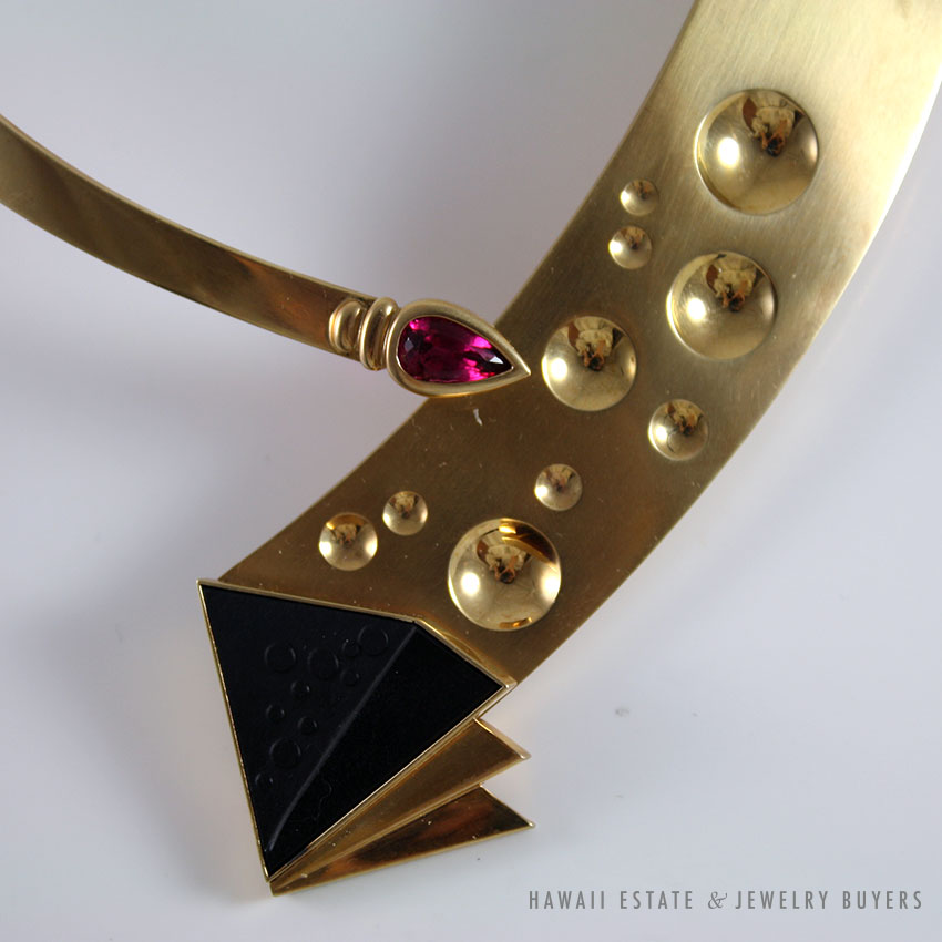 DESIGNER ONYX 2.78ct TOURMALINE 14K YELLOW GOLD PLAQUE ARTISTIC COLLAR NECKLACE - Image 4