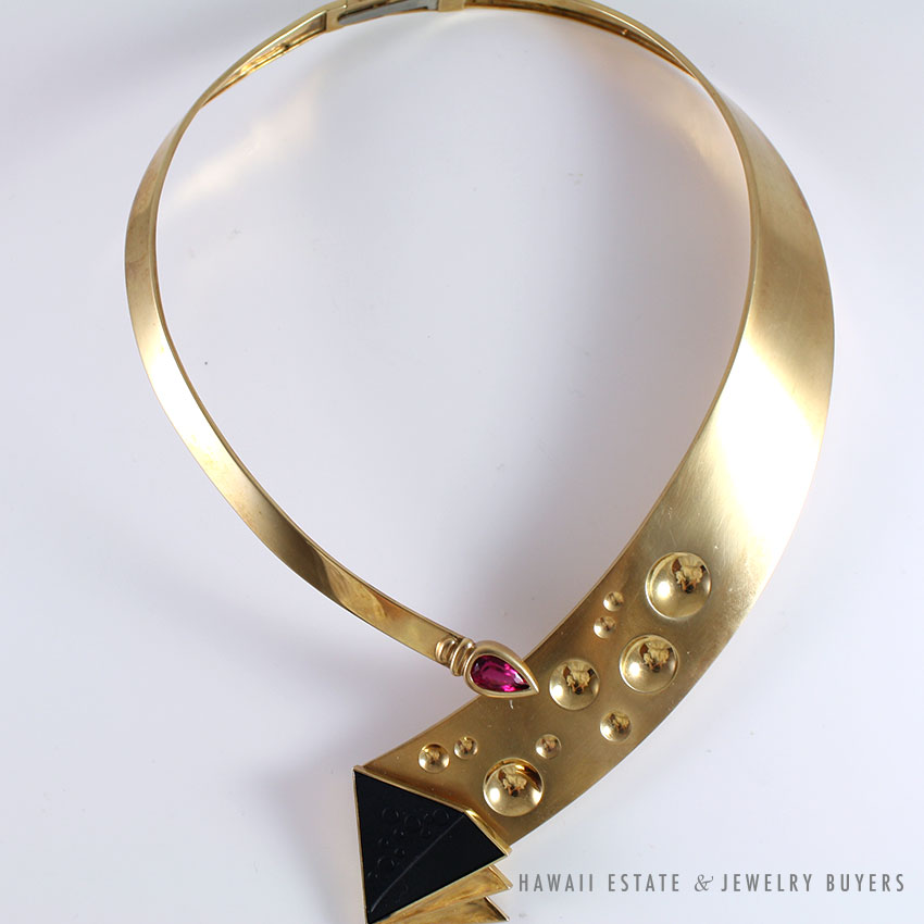 DESIGNER ONYX 2.78ct TOURMALINE 14K YELLOW GOLD PLAQUE ARTISTIC COLLAR NECKLACE