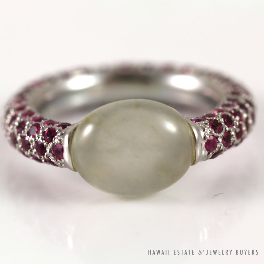 WOMEN'S DESIGNER ICE JADE PALE GREY JADE & PINK PURPLE SAPPHIRE WHITE GOLD RING