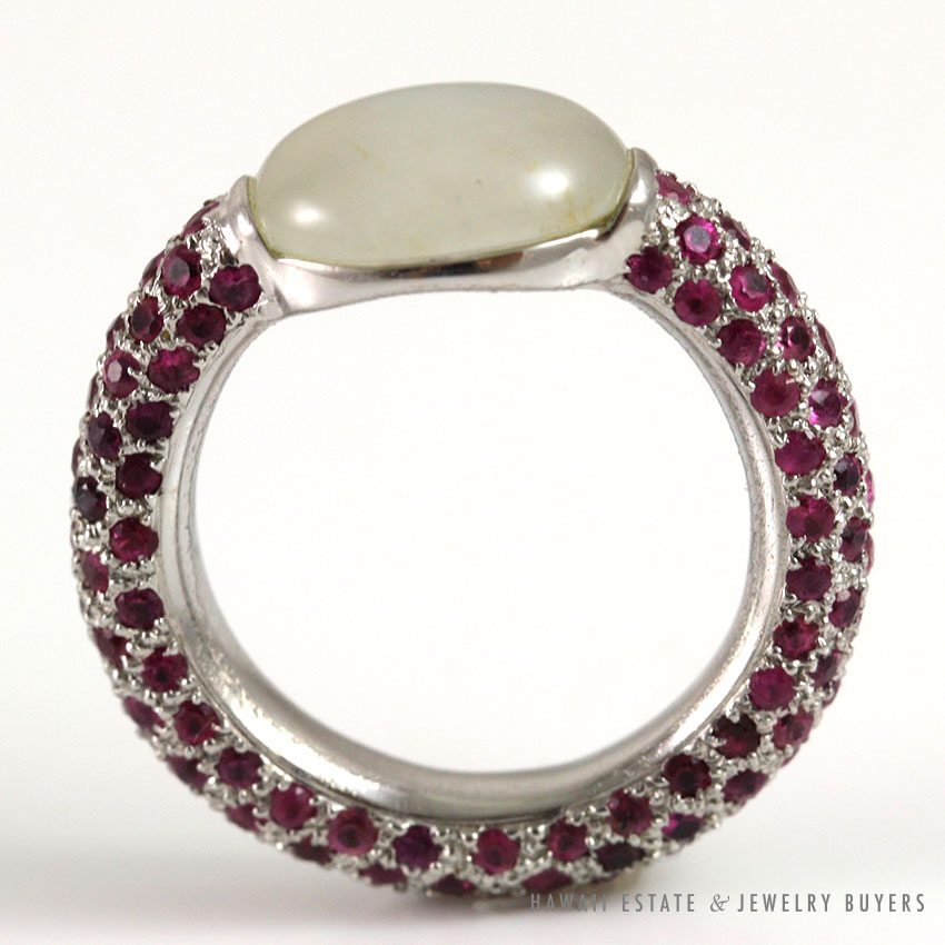 WOMEN'S DESIGNER ICE JADE PALE GREY JADE & PINK PURPLE SAPPHIRE WHITE GOLD RING - Image 3