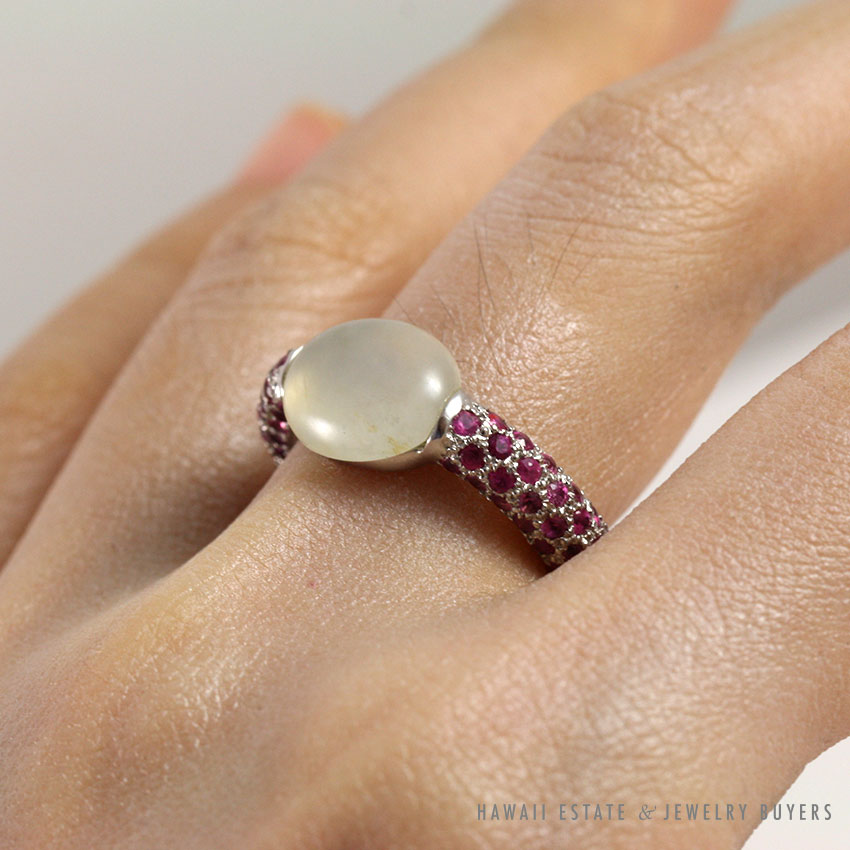 WOMEN'S DESIGNER ICE JADE PALE GREY JADE & PINK PURPLE SAPPHIRE WHITE GOLD RING - Image 2
