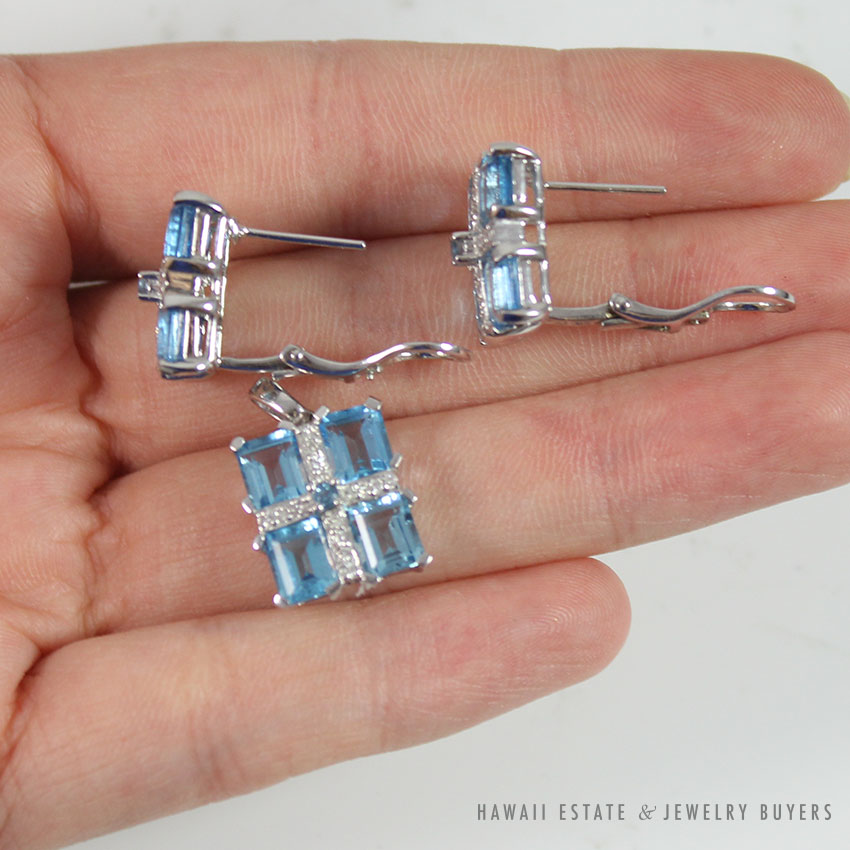 SKY BLUE TOPAZ & DIAMOND 18K WHITE GOLD EARRINGS & PENDANT SET - Image 2