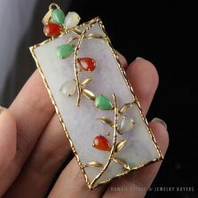 Grade A Jadeite Jade Lavender & Multi-Color Cabochon 14K Yellow Gold Plaque Pendant