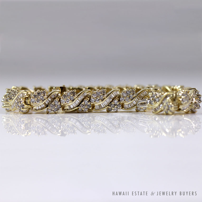 DIAMOND 4.48CTW DIAMOND 14K YELLOW GOLD ROUND & BAGUETTE TENNIS BRACELET