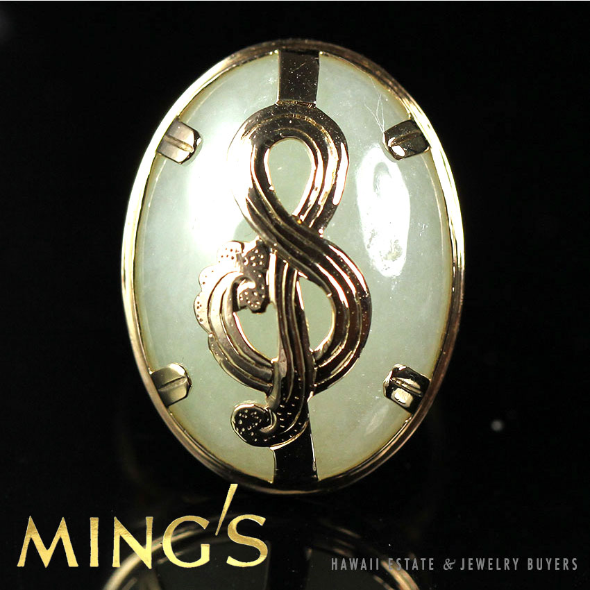Ming's Hawaii Oval Jade Cabochon 14K Yellow Gold Ring Size 6.25