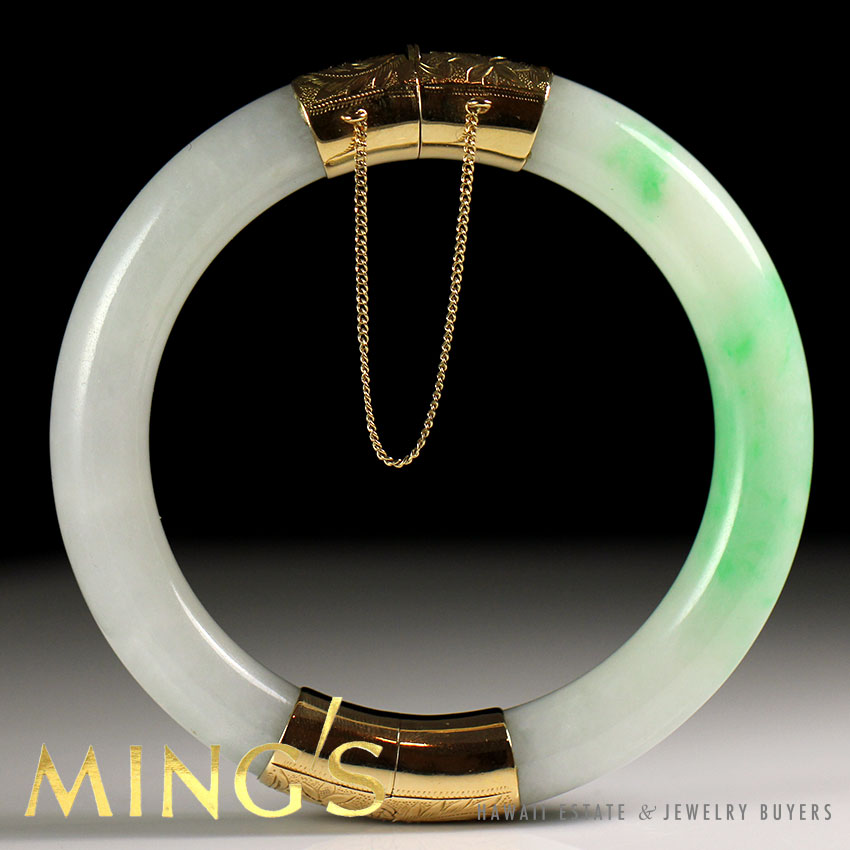 MING'S HAWAII JADE 14K YELLOW GOLD MID CENTURY HINGED BANGLE BRACELET W/ BOX & PAPER - Image 4