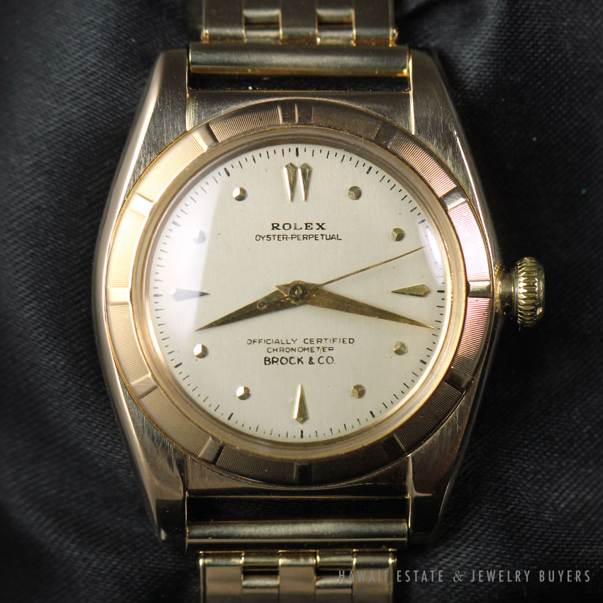 Rolex Bubble Back Oyster Perpetual Brock & Co 14K Yellow Gold Watch 1940s