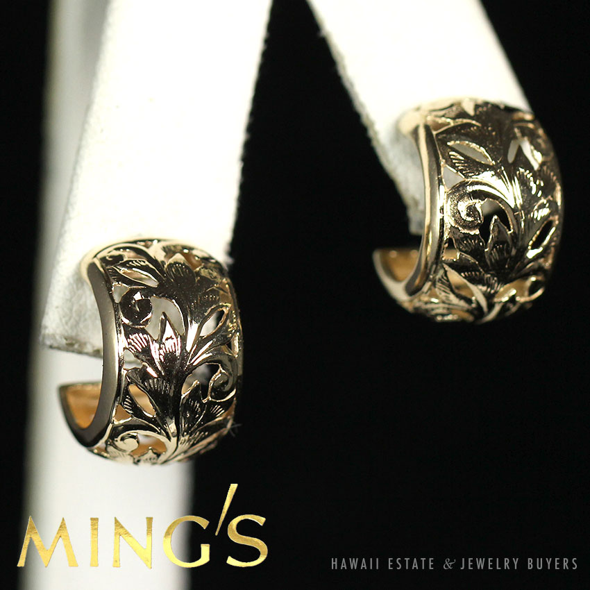 MING'S HAWAII SEMI HOOP OPEN 14K YELLOW GOLD CARVED EARRINGS